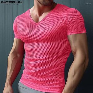 Camisetas para hombres INCERUN Tops 2024 Estilo americano Moda para hombre Rose Red Mesh Camisetas Casual Sexy Party Shows V-cuello Camiseta de manga corta