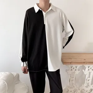 Camisetas para hombres Personalidad coreana Negro Blanco Manga larga Hombres Polo Camisa Empalmada Hit Color Adolescentes Negocios All-Match Casual Oversize