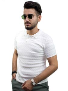 Camisetas para hombre Kulemoda Camiseta de punto unisex con cuello polo de color blanco y cierre de dos botones con patrón en zigzag