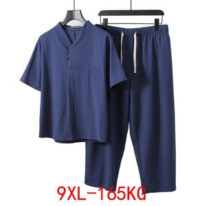 T-shirts pour hommes Vêtements de grande taille Vintage Survêtement 2021 Summer Blue Home Suit T-shirt en lin