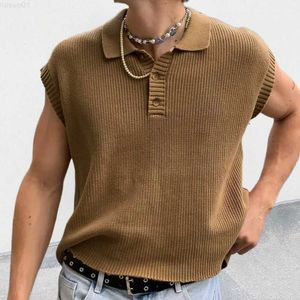 T-shirts pour hommes Loisirs Solide Hauts à tricoter Hommes Sans manches Boutonné Col rabattu Tricot Gilet Chemises 2023 Printemps Été Vêtements pour hommes Mode L230715