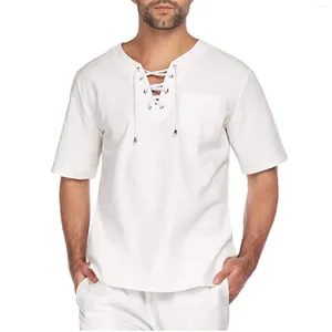 T-shirts homme lin pour hommes coton solide chemise ample à manches courtes à lacets t-shirts col en V tunique médiévale Camisa De Hombre