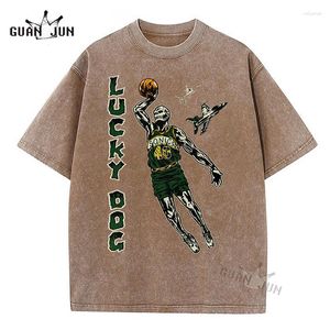 Camisetas para hombre, camisetas de perro de la suerte, camiseta Retro lavada para hombre, camiseta de algodón con gráfico de baloncesto para mujer, camisetas de gran tamaño, camisetas de manga corta