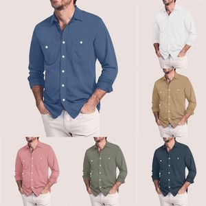 T-shirts pour hommes décontracté automne solide Double poche chemise col rabattu bouton à manches longues Blouse
