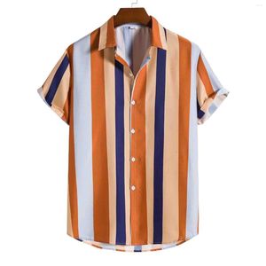 Camisetas para hombre, primavera y verano, informal, con un solo pecho, estampado a rayas, solapa, playa, manga corta, vacaciones, Retro, occidental