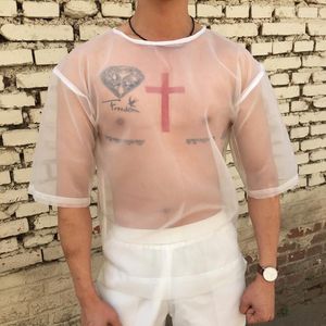 T-shirts homme garçon col rond manches courtes voir à travers chemise transparente transparente gothique Harajuku haute rue Sexy Costumes Club Bar