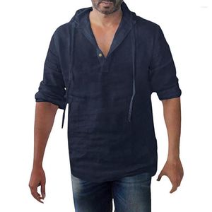 T-shirts pour hommes Chemise classique pour hommes Single Baggy Linen Cotton Tops Solid Color Button Plus Size Long Sleeve Hooded High Quality