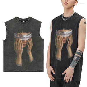 T-shirts masculins T-shirts masculins 2023SS Hiphop Fried Street Dark Washed Portrait Basketcoar T-shirt sans manches lâches de marque de mode masculine