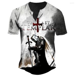 T-shirts pour hommes T-shirts masculins Imitation d'été Coton V Neck Bouton pour hommes Streetwear Knights Templar 3D Print Loose Sleeve