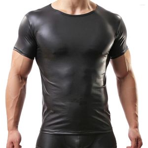 T-shirts pour hommes Hommes Sexy Faux Cuir T-shirt à manches courtes T-shirts Tops PU Gay Male Fetish Undershirts Clubwear Costumes de performance sur scène