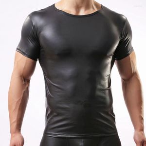 Camisetas para hombres Hombres Sexy PU Tops de cuero Slim Fitness Camiseta Discoteca Etapa Uniforme Gay Hombre Negro Casual Tees Tamaño grande Ropa Drop