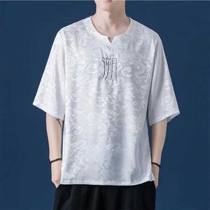 Camisetas para hombres para hombre 2023 verano estilo chino bordado vestido tang para hombre seda de hielo cómoda camiseta moda suelta manga corta top j240228