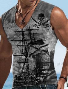 T-shirts masculins pour hommes du bas de chemise de chemise Boat Rudder V-Neck 3D Outdoor Strt Slveless Clothing Athletic Athletic Casual Big Tall Top Top T240419