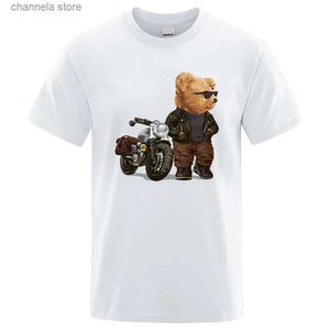 Camisetas para hombres Motocicleta Oso de peluche con gafas de sol Camiseta Hombres Moda Camiseta Ropa Algodón Verano Casual Tops Hip Hop Camiseta de algodón suelta T240202