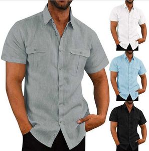 T-shirts pour hommes Nouvel été Chemise à manches courtes pour hommes T-shirt en lin Cardigan de couleur unie Souvent conception à double poche décontracté homme ample Fshion Shirt 022223H