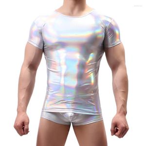 Camisetas de hombre de cuero PU para hombre, aspecto húmedo de látex, ropa de discoteca para espectáculo de escenario, camisetas informales de manga corta, camisetas ajustadas, ropa de calle