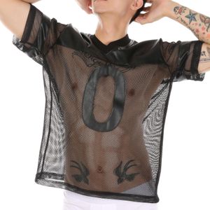 Camisetas para hombres PU Sexy Fishnet Tops Tee Hombres Camiseta de cuero de imitación Camiseta de malla transparente Clubwear Ver a través de número de manga corta