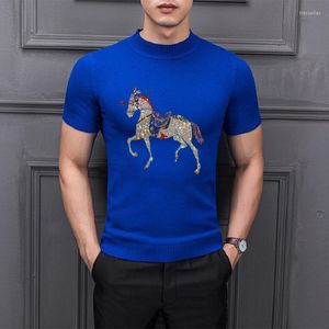 T-shirts pour hommes, couleur Pure, diamant brillant, pull en cachemire, manches courtes, Base tricotée, laine, tendance quatre saisons