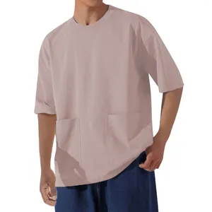 T-shirts pour hommes couleurs solides rétro doubles poche large coupe grande épaule goutte à goutte 5/4 t-shirt coréen avis de nombreux vêtements confortables