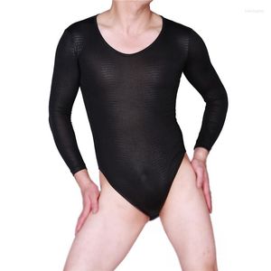 T-shirts pour hommes Sexy Men Plus Size Snake Print Top Skinny Lycra Body à manches longues High Stretchy See Through O Neck Body Wear Night Club