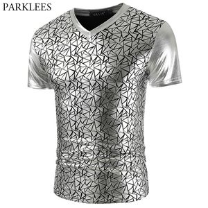 Camisetas para hombres Shiny Silver Metallic Nightclub Wear T Shirt Hombres Patrón geométrico Stage Prom T Shirts Mens Slim Fit V Neck T-Shirt Homm 230413