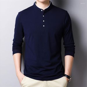 Camisetas para Hombre, camisa para Hombre, manga larga, cuello levantado sólido, Tops de algodón informales ajustados, Ropa para Hombre, moda de primavera y otoño, Camisetas blancas