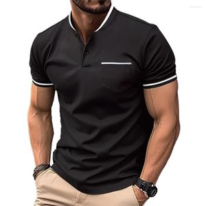 Camisetas para hombres camiseta deportes cortos diarios diariamente rayado V cuello 1pcs botón top casual poliéster manga collar