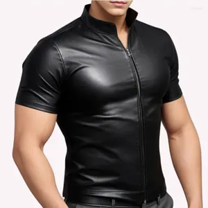 T-shirts pour hommes T-shirts à manches courtes en faux cuir T-shirts sexy stretch Slim Bodycon Tees Tops Homme PU Business Hip Hop Gay Nightclub Party Wear