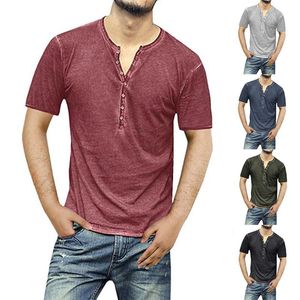 Camisetas SHUJIN para hombre, camiseta de manga corta que absorbe la humedad, Color sólido, informal, cuello en V, botones finos, ropa para hombre