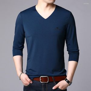 Camisetas para hombre, primavera y otoño, de mediana edad, informales, de fondo recto, refrescantes, de manga larga, finas, de fibra viscosa, sin costuras