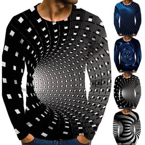 Camisetas para hombre, camiseta con ilusión óptica de primavera para hombre, camiseta de manga larga con estampado Digital geométrico exagerado y transpirable con cuello redondo