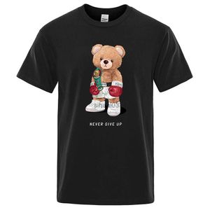 Camisetas para hombres Boxer fuerte Oso de peluche Nunca te rindas Imprimir Camiseta divertida Hombres Algodón Casual Mangas cortas sueltas de gran tamaño S-XXXL Tee Ropa