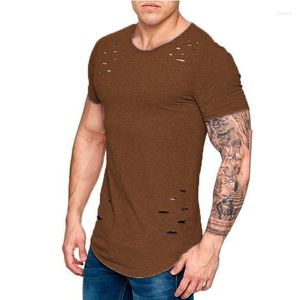 T-shirts pour hommes Été 2023 Style européen américain Sports pour hommes Casual Couleur unie T-shirt Trou Hommes Streetwear Tops Blanc Gris Asiatique