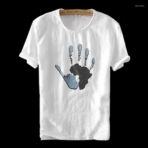 Camisetas para hombre Marca de moda de verano Camisetas para hombre Algodón Lino Empalme Manga corta Estampado de palma Camisa casual para hombres Tamaño asiático M-XXXL Y579