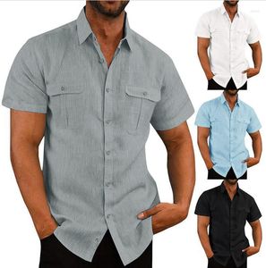 Camisetas de verano para hombre, camisa de manga corta de lino, camiseta de Color sólido, cárdigan a menudo, diseño de doble bolsillo, informal, holgado, a la moda para hombre