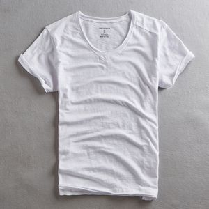 Camisetas de verano para hombre, camiseta de Color sólido de manga corta con cuello en V y nudo de bambú, camiseta informal de algodón fino de color sólido para hombre
