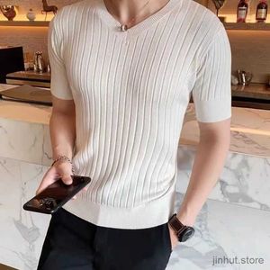 Camisetas para hombres para hombres Summer Knitting retro manga corta v collar elástico sólido delgado negro blanco cómoda rayas verticales camiseta de oficina