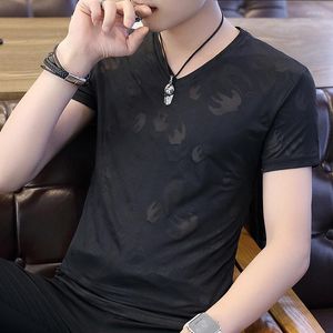 Camisetas de verano para hombre, camiseta de media manga de tendencia corta con cuello en V, versión coreana, cuerpo delgado y transpirable