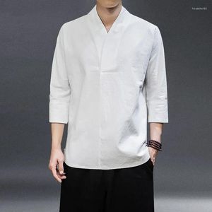 Camisetas de verano para hombre, ropa fina de estilo antiguo Hanfu, mangas 3/4, ropa de Kung Fu de Color sólido, Top Harajuku, camisa china de lino y algodón para hombre