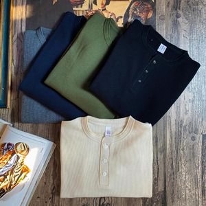 Camisetas masculinas sastre brando peso pesado 315g algodón americano vintage patrón de waffle henley collar camiseta de manga larga