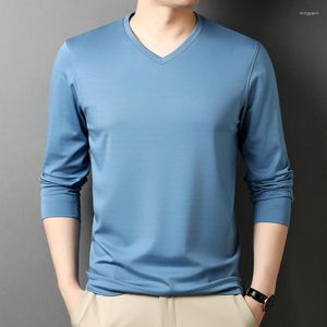 T-shirts pour hommes de qualité supérieure hauts en soie de mûrier pour hommes 2023 printemps décontracté col en v coton modal à manches longues mâle solide lisse t-shirt