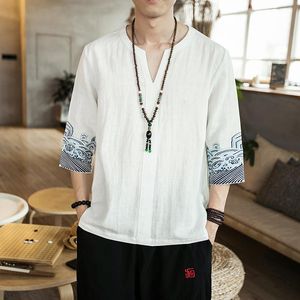 Camisetas de hombre Top chino tradicional para hombre Retro con cuello en V Media manga Hanfu Camisa Bordado de verano Tops masculinos Camiseta asiática HarajukuHombres