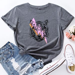 Camisetas de hombre Camiseta de manga corta O-cuello Rosa Tops Mujeres Tiger Head Print Casual Women Lightning Print Fashion T-shirt Graphic Tee 230608