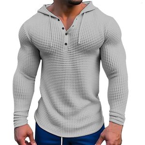 T-shirts pour hommes T-shirt à capuche gaufré Pull Couleur unie Manches longues Sweat-shirt avec cordon de serrage Tunique de musculation musculaire Casual Usure quotidienne