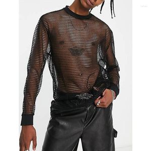 T-shirts hommes Wepbel Y2K Hommes Coton Mesh T-shirt à manches longues Drop épaule See-through Sexy Discothèque Uniformes Fitness Hollow Bottoming