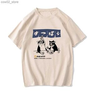 Camisetas para hombres Mujer camiseta streetwear japonés harajuku divertido bebiendo gato camiseta 100% algodón verano dibujos animados camiseta unisex hip hop tops camisetas Q240201