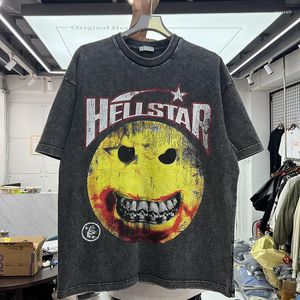 Camisetas para hombre, camiseta de tela pesada con estampado de diente de calavera fantasma con grietas amarillas, ropa de calle para hombre y mujer, camiseta Vintage, Tops lavados desgastados informales