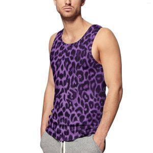 Camisetas sin mangas para hombre, Top con estampado de animales, estampado de leopardo púrpura para hombre, ropa deportiva de verano de gran tamaño, chalecos sin mangas