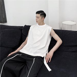 Camisetas sin mangas para hombre, ropa de calle holgada con dobladillo de cinta de empalme para hombre en blanco y negro, estilo Hip Hop japonés sin mangas