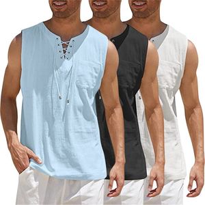 Hommes Débardeurs Mode Hommes Summe Débardeurs Coton Lin Décontracté Hauts Sans Manches Lâche À Lacets Col En V Poche T-shirts Chemises Homme Streetwear 230419